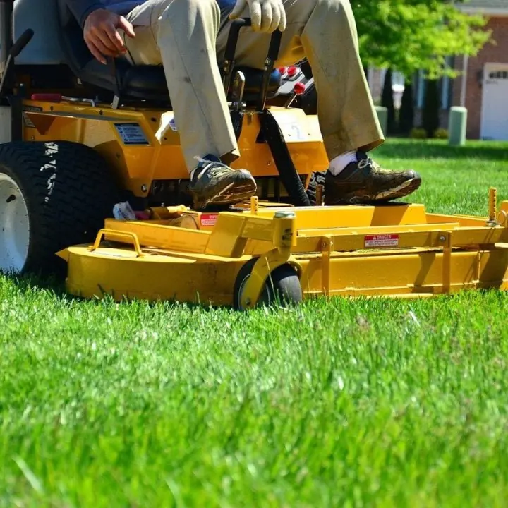 A riding mower cutting a green lawn